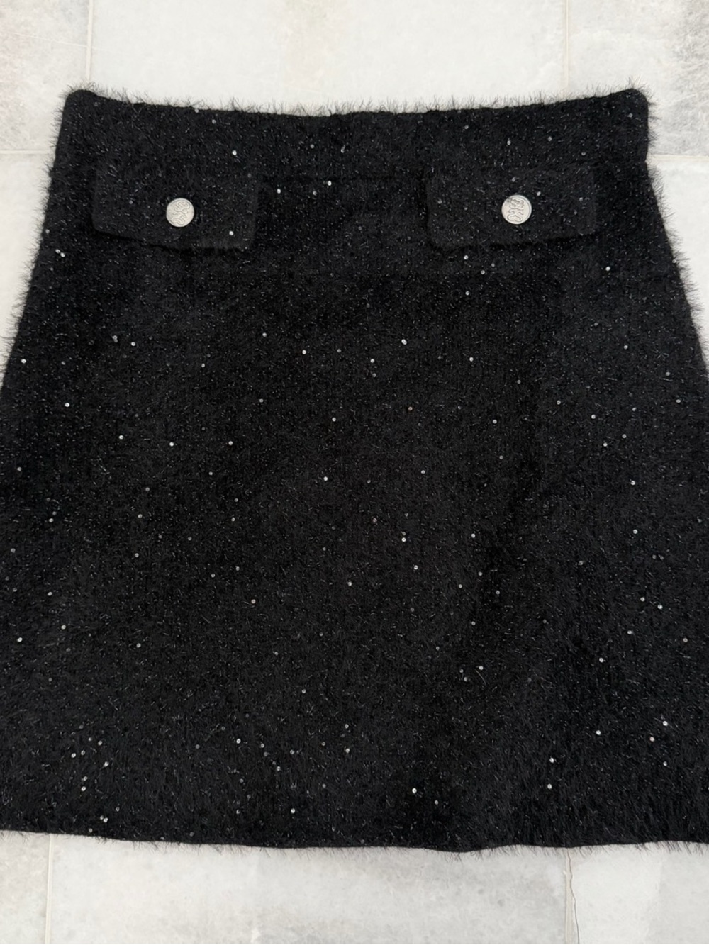 Sandro Black Knitted /Tweed-like Mini Skirt with Silver Accent Buttons